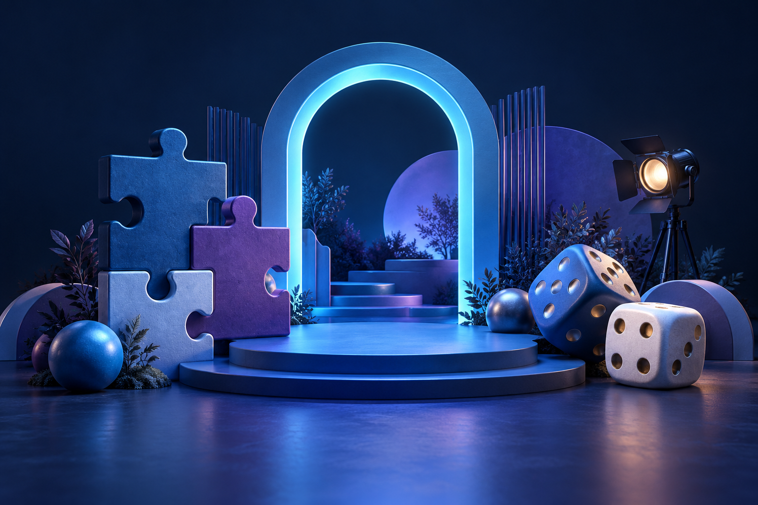 Concept illustration of an immersive archway, game pieces, dice and a theatrical spotlight.