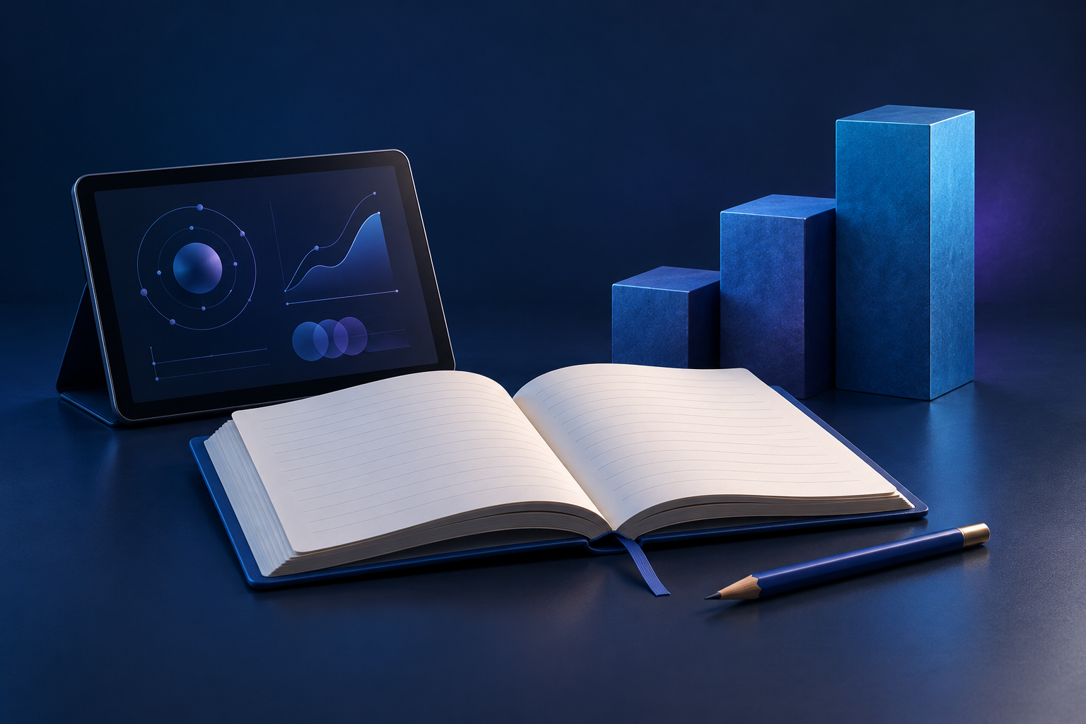 Concept illustration of an open workbook, pencil, tablet and ascending blue blocks.