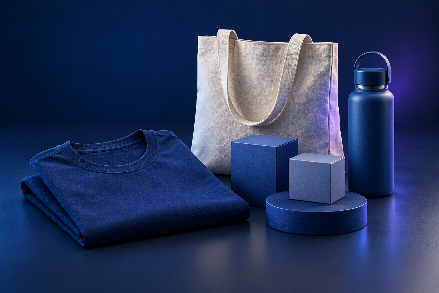 Concept illustration of a folded blue shirt, fabric tote bag, reusable bottle and retail packaging on a display plinth.
