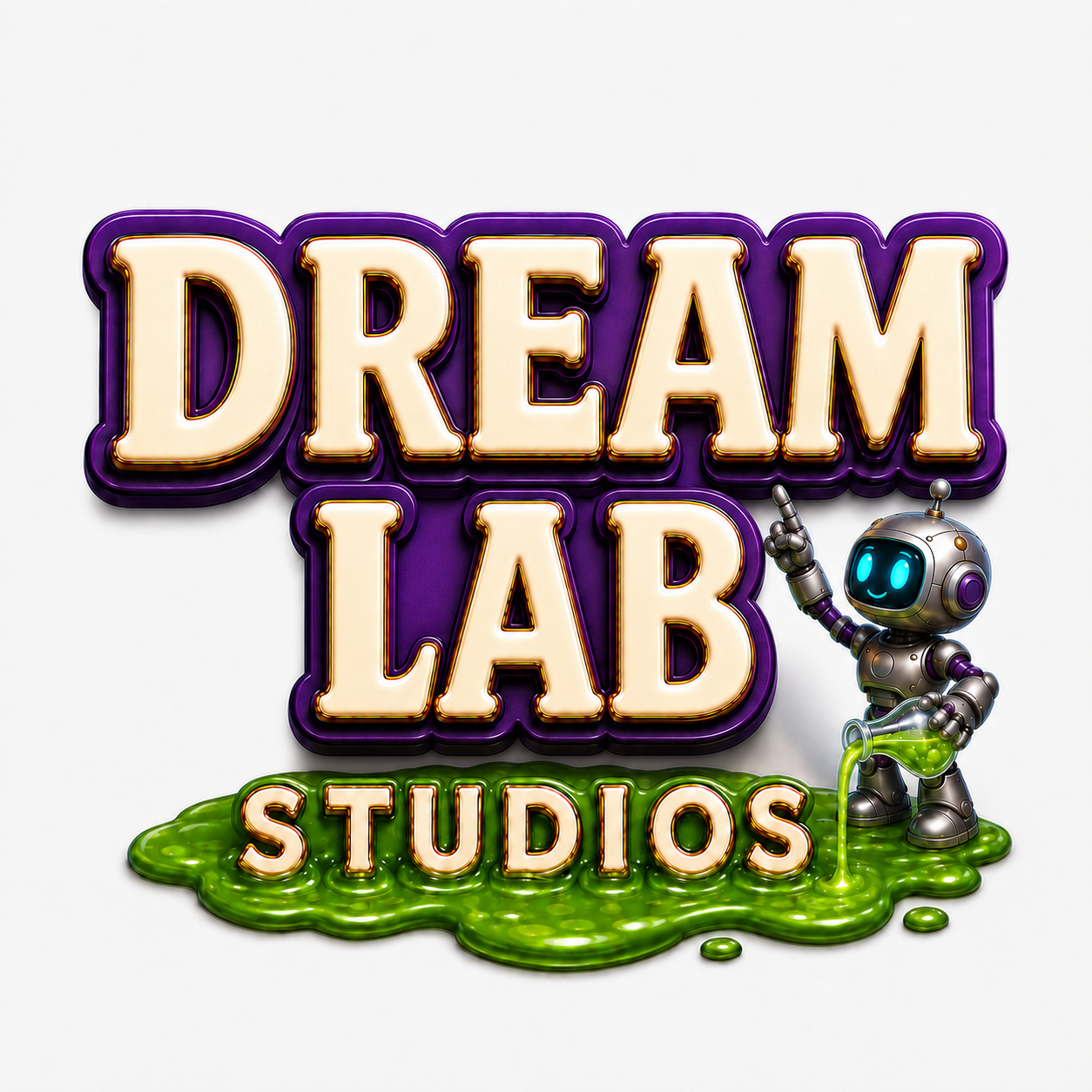 Dream Lab Studios identity in gold and violet, with a friendly robot pouring green creative slime.