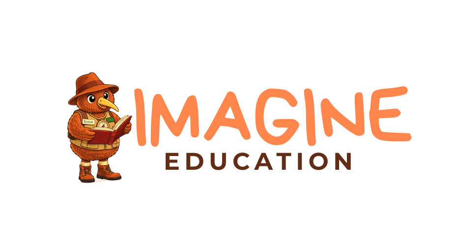 Imagine Education identity with Kiwi the Scout reading a book beside orange Imagine lettering.