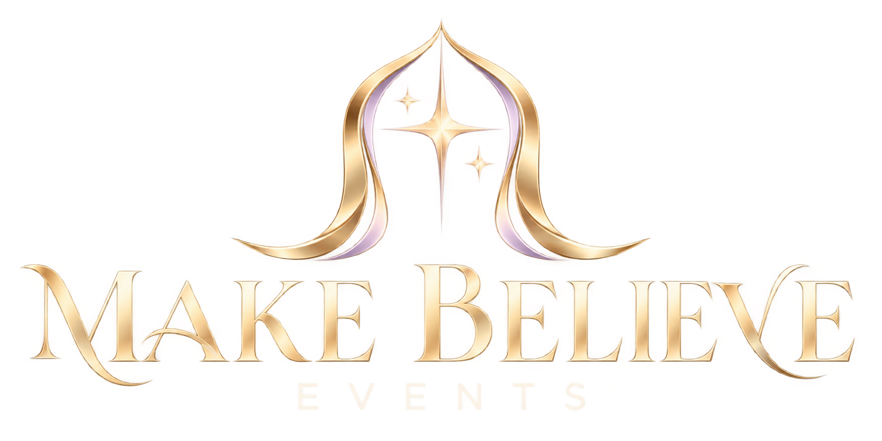 Make Believe Events logo in champagne gold, with an enchanted arch and three stars above elegant lettering.